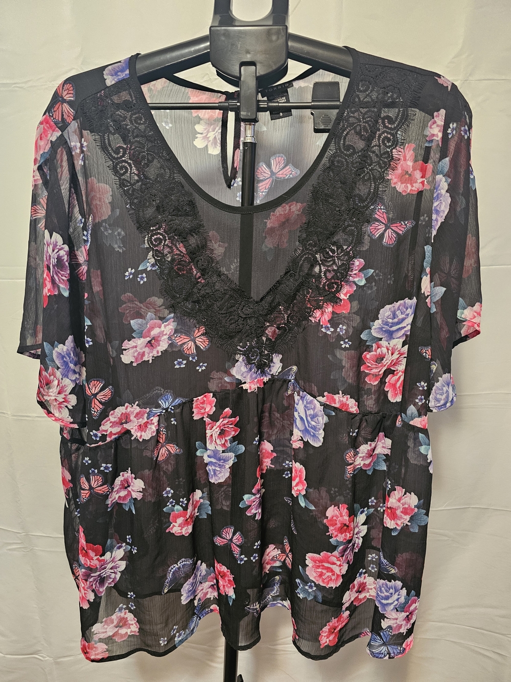Torrid Black Floral Lace-Trim Sheer Blouse